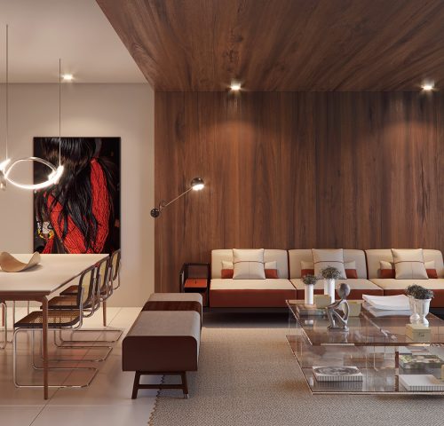 Sala com 2 ambientes integrada à cozinha